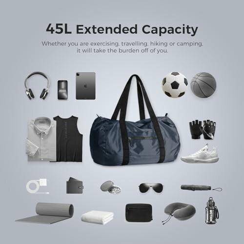 45L duffel bag surrounded by various items like electronics, sports gear, and clothing.