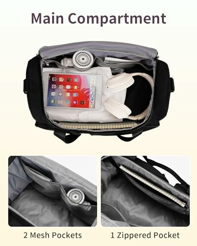 Open bag with electronic devices and compartments.