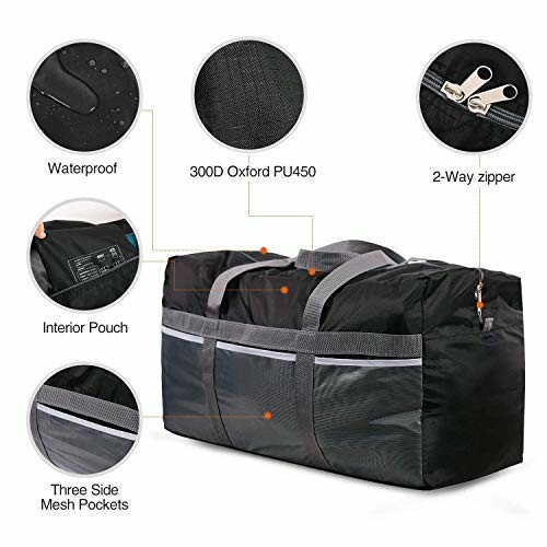 Black duffel bag with waterproof material, 2-way zipper, interior pouch, and three side mesh pockets.
