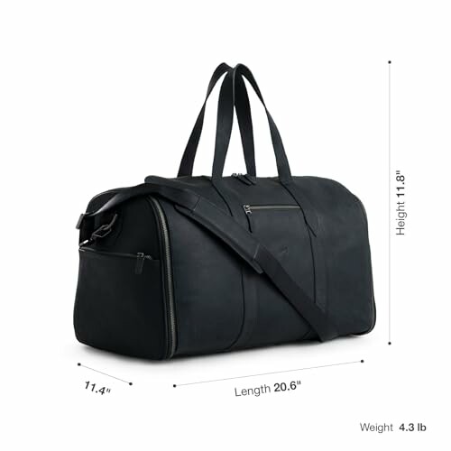 Black duffel bag with dimensions and weight displayed.
