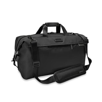 Black duffel bag with shoulder strap and handles