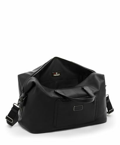 Open black duffel bag with shoulder strap.