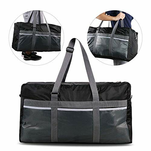 Black foldable duffel bag with gray straps and pockets.