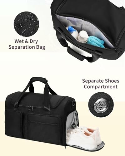 Black gym bag with wet and dry separation, and shoe compartment.