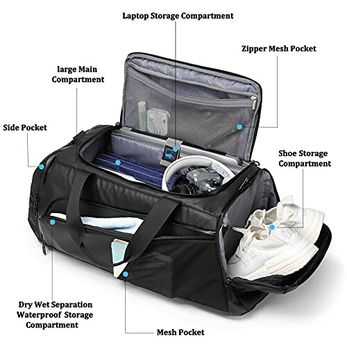 Black gym duffel bag with labeled compartments including laptop storage, shoe storage, and mesh pockets.