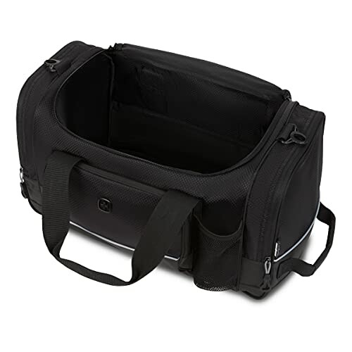 Black gym duffel bag with open top and multiple compartments