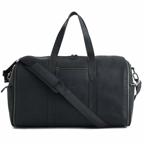 Black leather duffel bag with shoulder strap