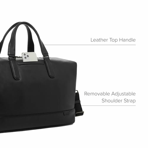 Black leather travel bag with top handle and removable shoulder strap.