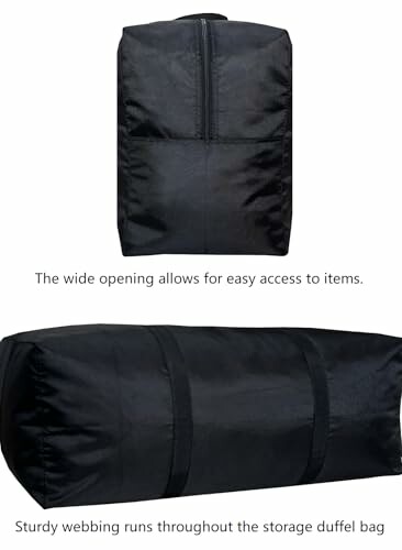 Black storage duffel bag with wide opening and sturdy webbing.