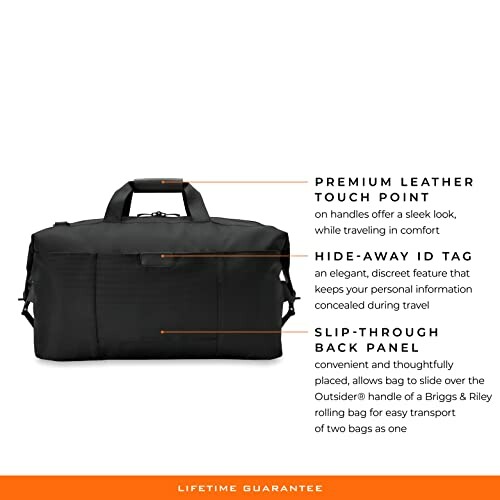 Black travel bag with premium leather touch, hide-away ID tag, and slip-through back panel.