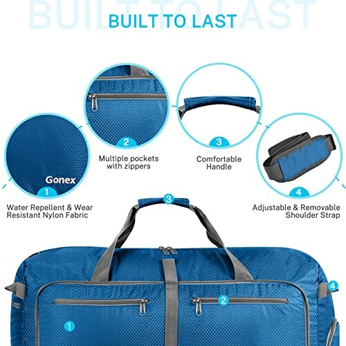 Blue duffel bag with features labeled: multiple pockets, comfortable handle, adjustable strap, water-resistant fabric.