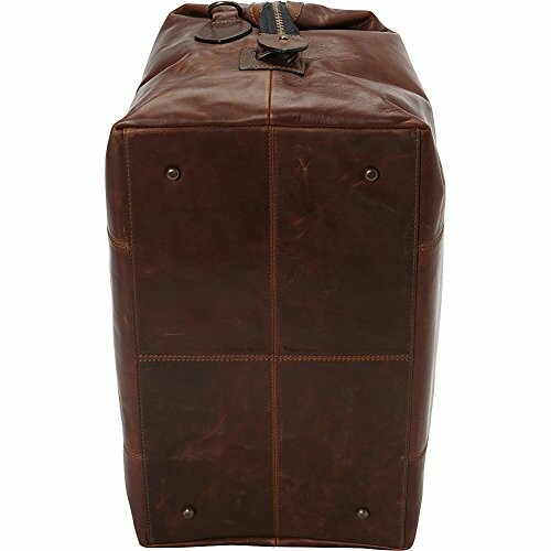 Bottom view of a brown leather duffel bag.