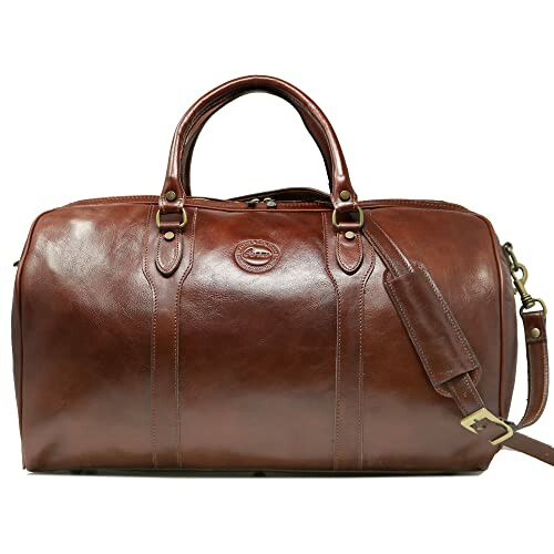 Brown leather duffel bag with shoulder strap