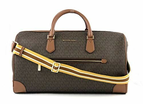 Brown leather duffel bag with a yellow striped strap.