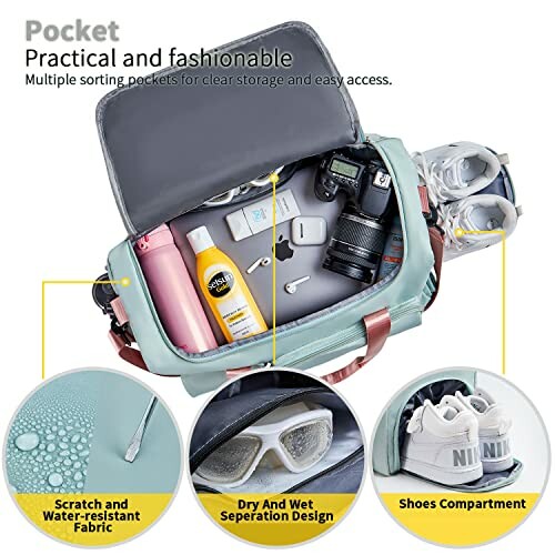 Open camera bag with compartments for gear, sunscreen, and shoes
