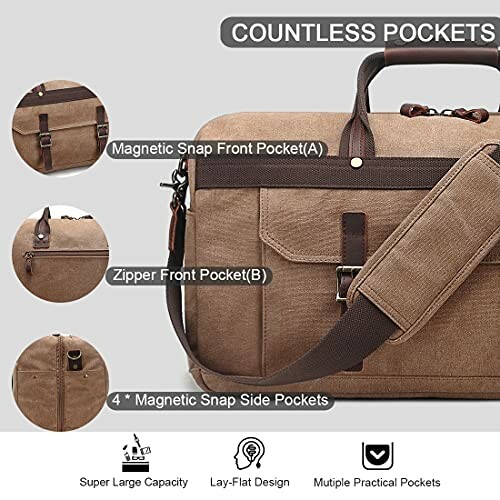 Canvas messenger bag with multiple pockets and adjustable strap.