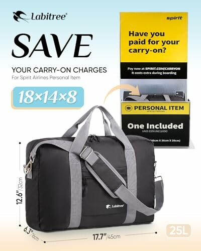 Black carry-on bag with dimensions, promoting savings on Spirit Airlines charges.