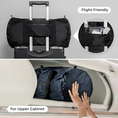 Carry-on luggage with additional bag on top, showing passport pocket and fitting in overhead compartment.
