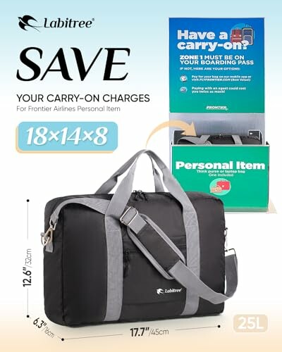 Black and gray carry-on bag with size dimensions for Frontier Airlines.