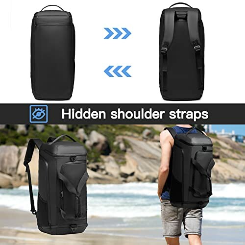 Convertible backpack with hidden shoulder straps, shown in use outdoors.
