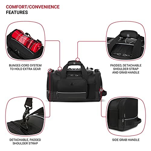 Duffel bag with multiple features including bungee-cord system, padded shoulder strap, and side grab handle.