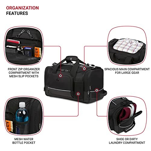 Duffel bag with labeled compartments including front zip organizer, main compartment, mesh water bottle pockets, and shoe or laundry compartment.