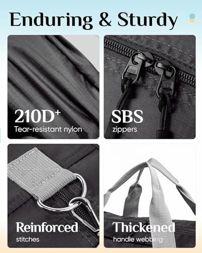 Close-up of tear-resistant nylon, zippers, reinforced stitches, and thickened handle webbing.