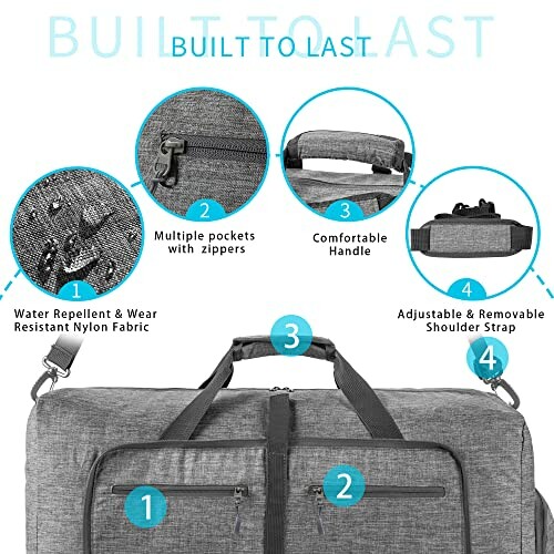 Gray duffel bag with multiple zippers, comfortable handle, adjustable shoulder strap, and water-resistant fabric