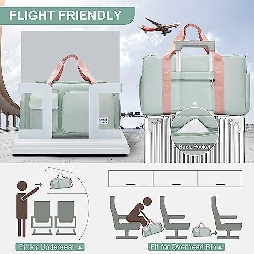 Travel bag fitting under airplane seat and in overhead bin.