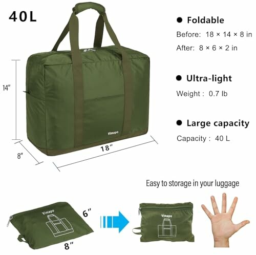 Green foldable travel bag with dimensions and features.