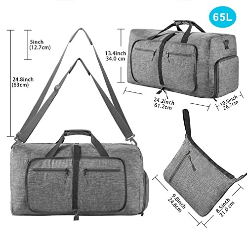 Gray duffel bag with multiple views and dimensions