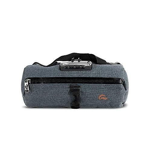 Gray duffel bag with black strap and front zipper pocket