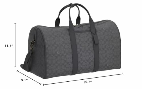 Gray duffle bag with dimensions 11.4 by 9.1 by 19.7 inches.