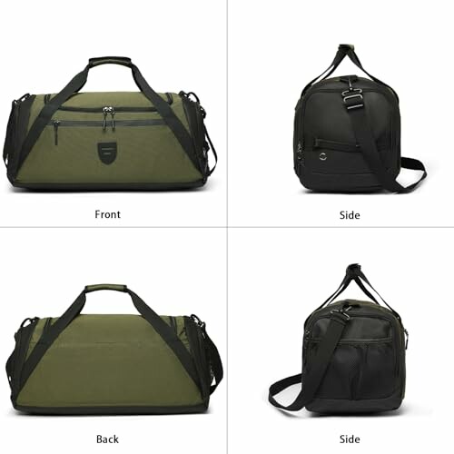 Green duffel bag with front, back, and black side bag views.