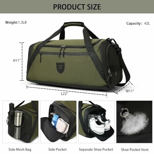 Green duffel bag with side pockets and shoe compartment.