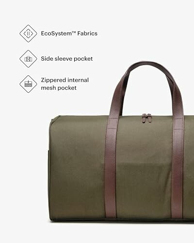 Green duffel bag with EcoSystem fabrics, side sleeve pocket, and zippered internal mesh pocket.