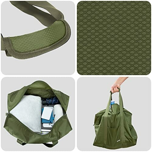 Green tote bag with close-up details and packed items.