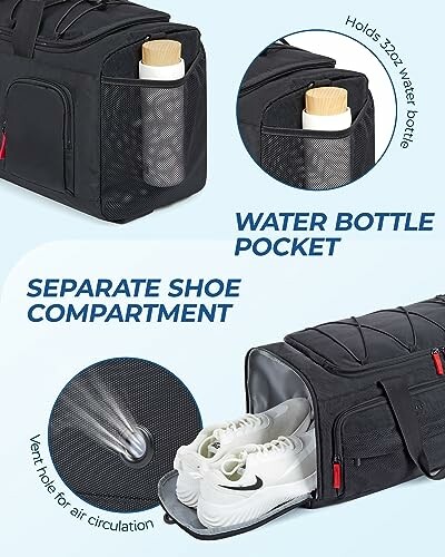 Black gym bag with water bottle pocket and separate shoe compartment.