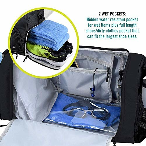 Open gym bag showing wet pockets and compartments with a towel, shoes, and goggles.