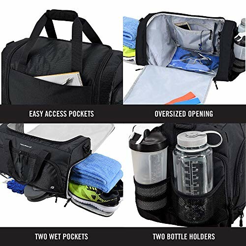 Gym duffel bag with easy access pockets, oversized opening, two wet pockets, and two bottle holders.