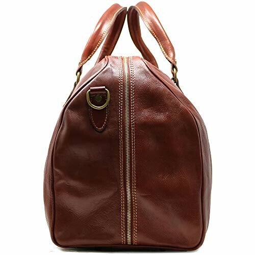 Side view of brown leather duffel bag with handles