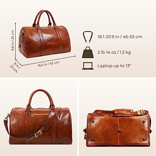 Brown leather duffle bag with dimensions and features.