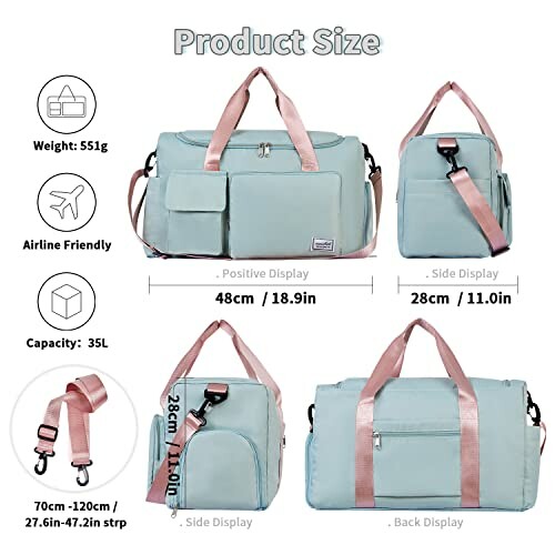 Light blue travel duffel bag with dimensions and features