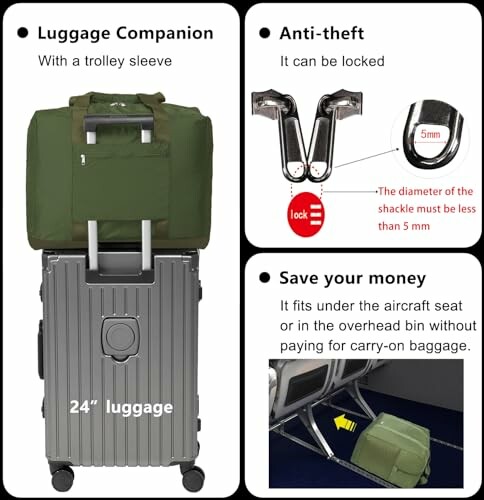 Luggage companion with trolley sleeve, anti-theft lock, and compact size for easy storage.