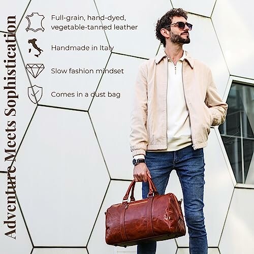 Man with a leather bag standing against a geometric wall.