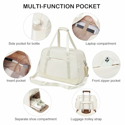 Multi-function pocket bag with side pocket, laptop compartment, insert pocket, front zipper pocket, separate shoe compartment, and luggage trolley strap.