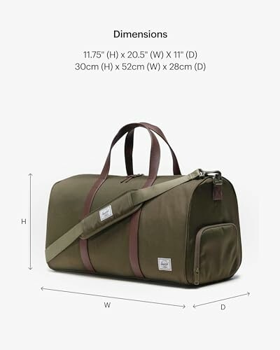 Olive green duffel bag with dimensions 11.75 inches by 20.5 inches by 11 inches.