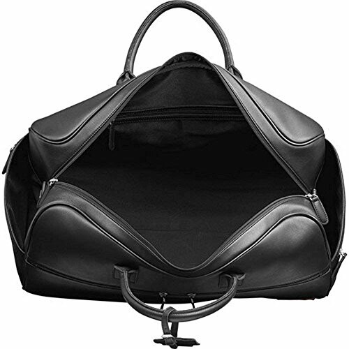 Open black leather duffel bag with visible interior.