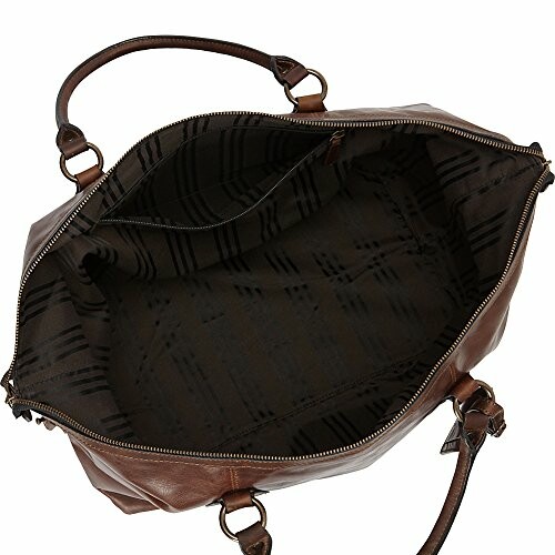 Open brown leather bag showing interior lining.