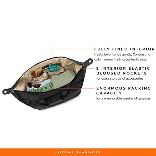 Open travel bag showing interior with two elastic bloused pockets.